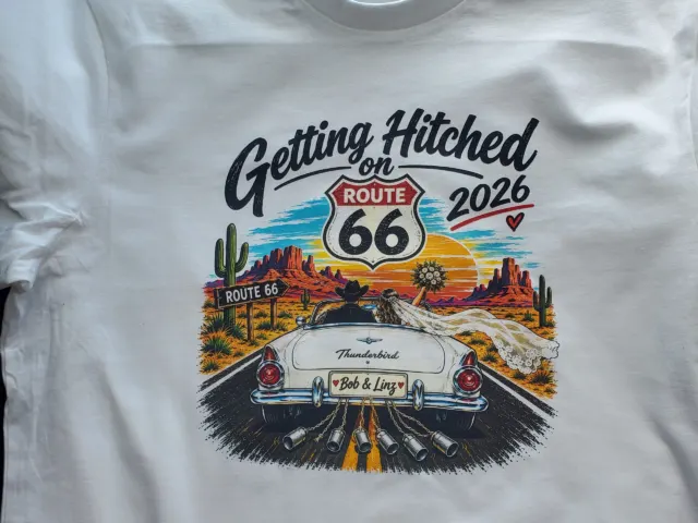 Getting hitched on Route 66 t-shirt printed with a halftone DTF design